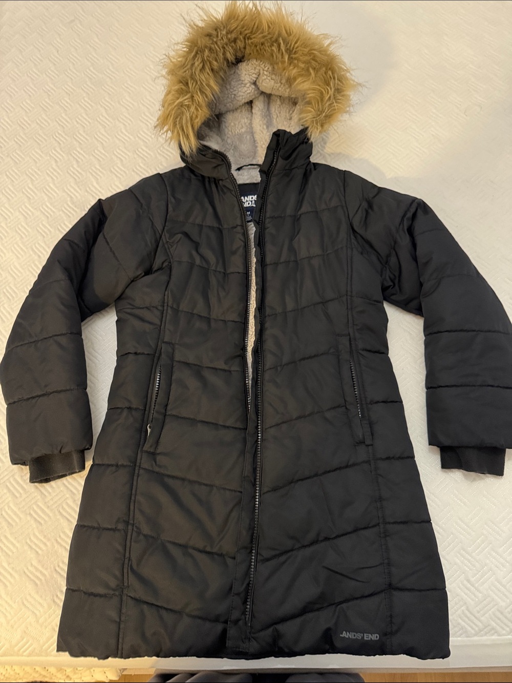 Lands' End Black Quilted Puffer Coat with Faux-Fur Trim Hood and Sherpa Lining